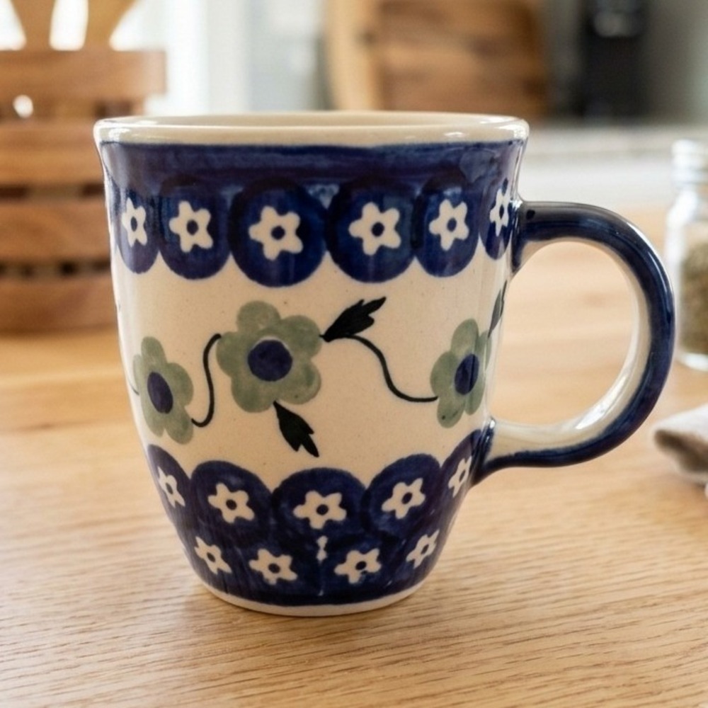 Vintage Manufaktura Polish Pottery Mug Hand Made in Poland Floral Blue Green